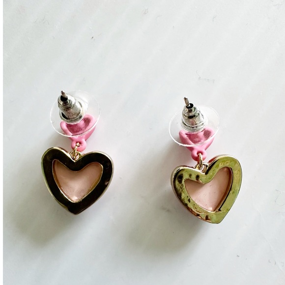 Pink Heart Tulip Earrings Gold Tone Pierced Ears Dangle - Picture 3 of 5